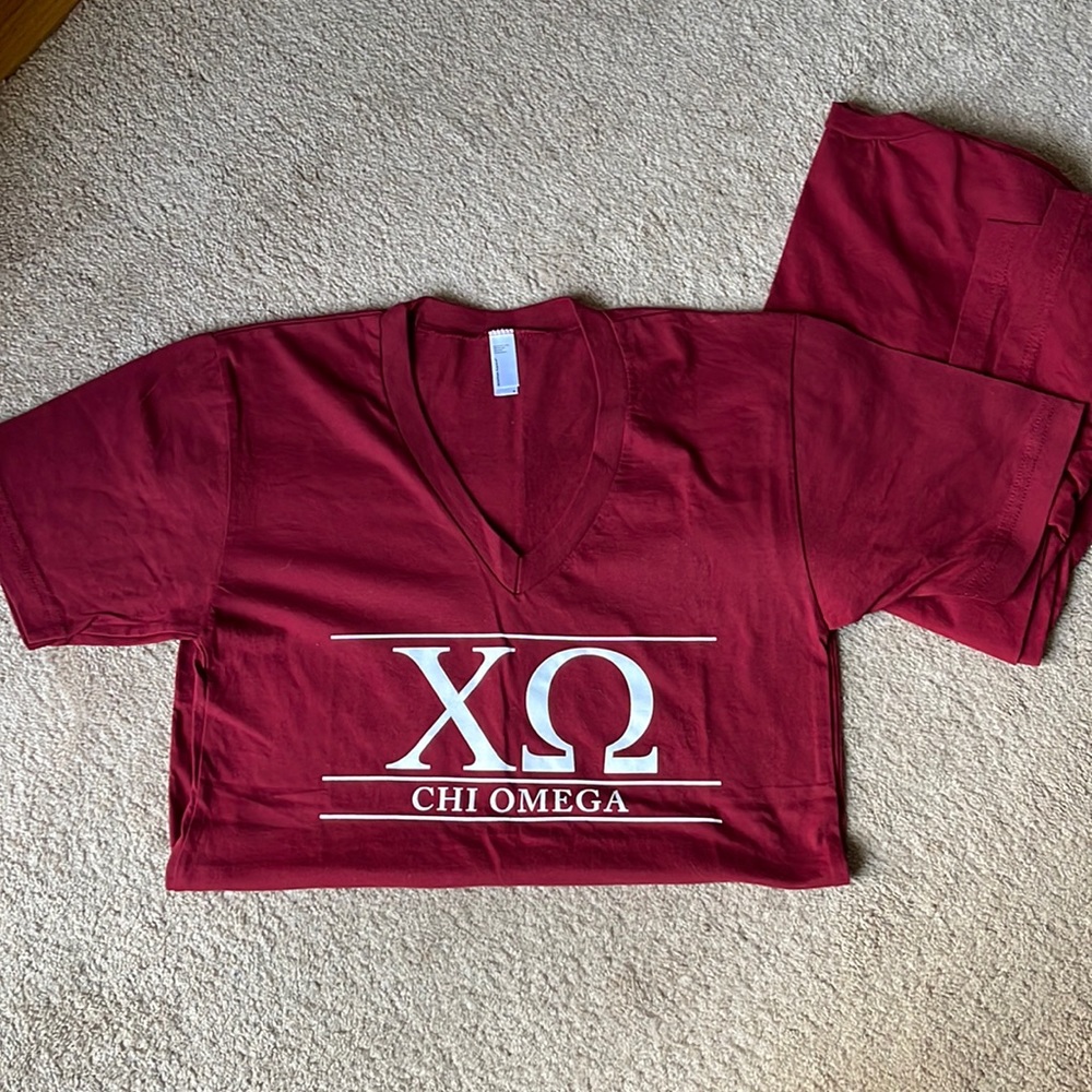 Two identical Chi Omega maroon T-shirts, - size small - New